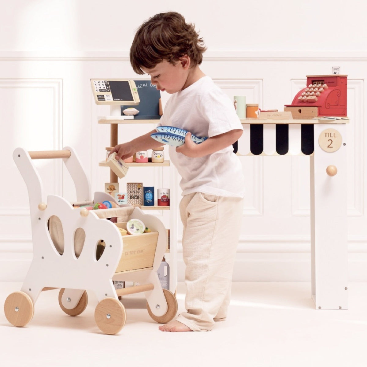 Wooden Shopping Cart & Bag